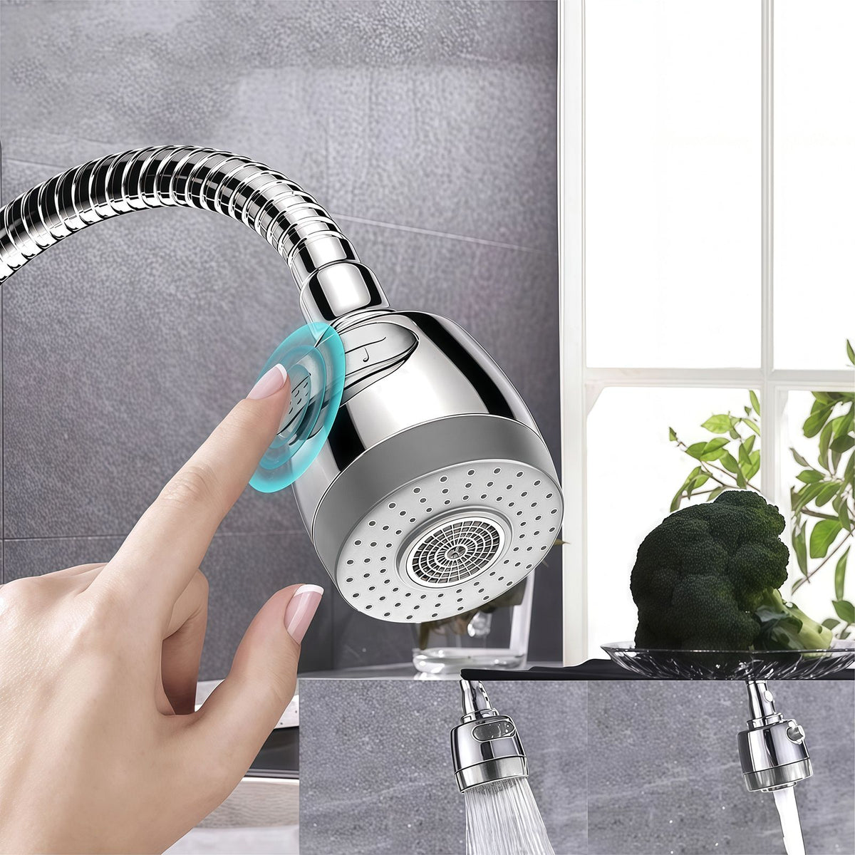 Torneira para Cozinha com Bico Flexível e Jato Duplo
