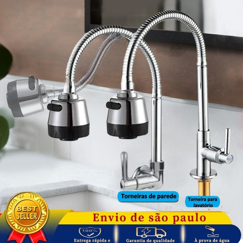 Torneira para Cozinha com Bico Flexível e Jato Duplo